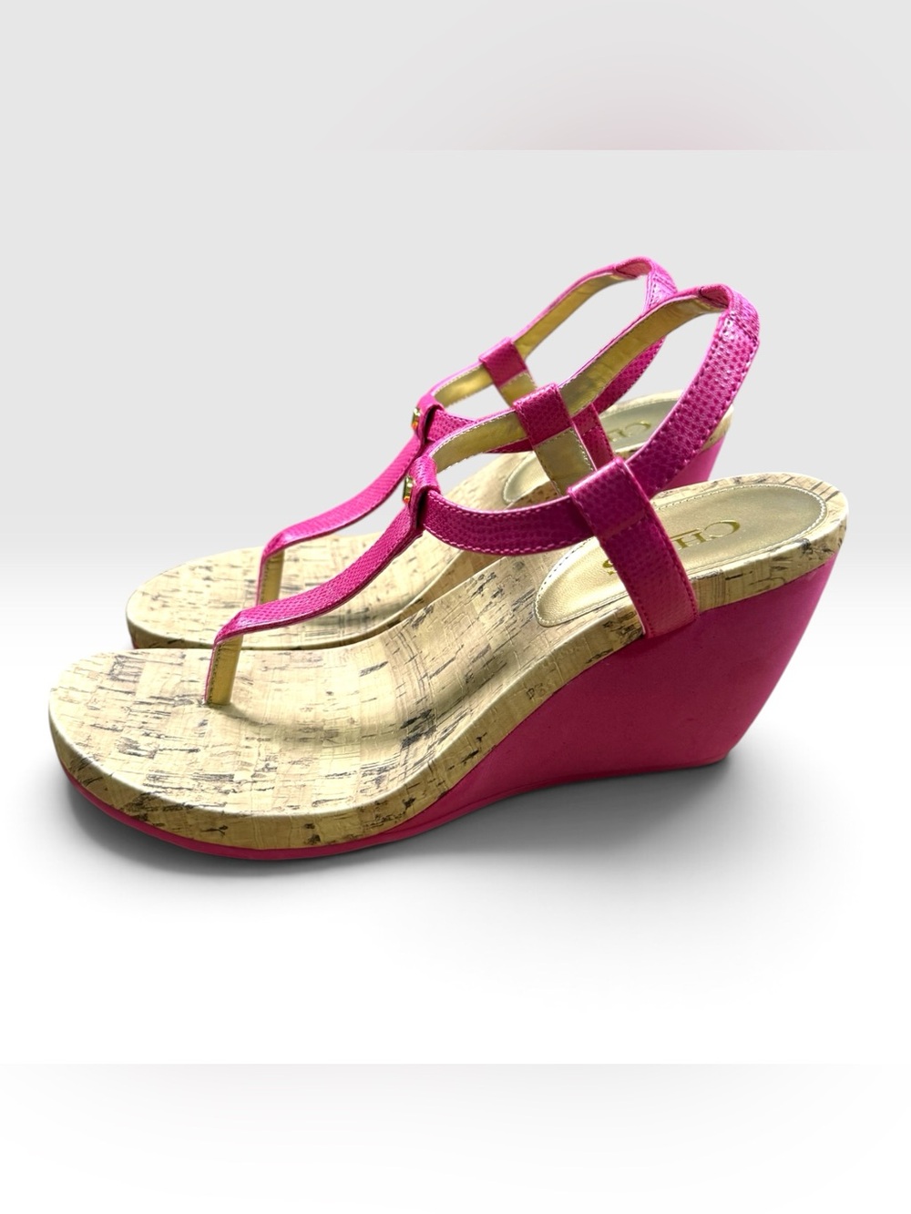 Chaps Raevyn Women’s Size 8B Pink T-Strap Cork Wedge Slingback Sandals